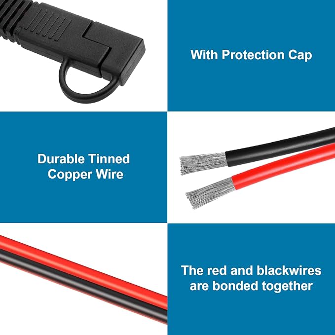 XRDS -RF SAE Extension Cable 1FT 2PCS– Heavy Duty 10AWG Tinned Copper Wire with SAE Battery Cable Terminal Connectors for Automotive, RV, Marine, and Solar Applications.