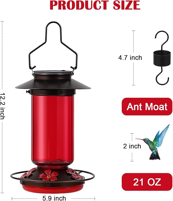 TANSOREN Solar Hummingbird Feeder for Outdoors Hanging Glass 21 Ounce with 5 Bee Guard Feeding Ports and Ant Moat, Leak-Proof, Red