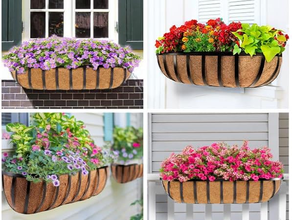 Y&M 30'' Large Window Box Railing Planter with Coco Liner,Window Flower Boxes Outdoor Over The Railing Planter Boxes Deck Fence Porch Patio Planter-2 Pack