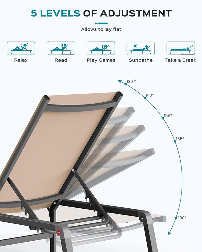 Patio Chaise Lounge Chair, Foldable Lounge Chair for Outside, Aluminum Chairs Set of 2 with 5 Adjustable Backrest, Outdoor Pool Lounger for Poolside, Lawn, Deck, Khaki