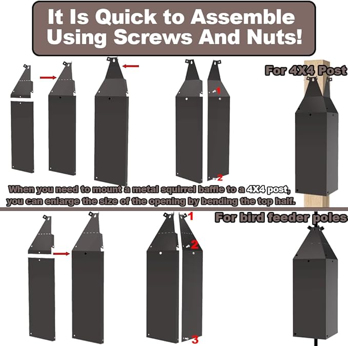 24.4Inch Metal Squirrel Baffle, Adjustable Opening Size, for Up to 4x4 Inch Wide Wooden Post, Squirrel Baffle for Bird Feeders Without Removing Bird Feeder Poles Or Shepherd's Hooks.