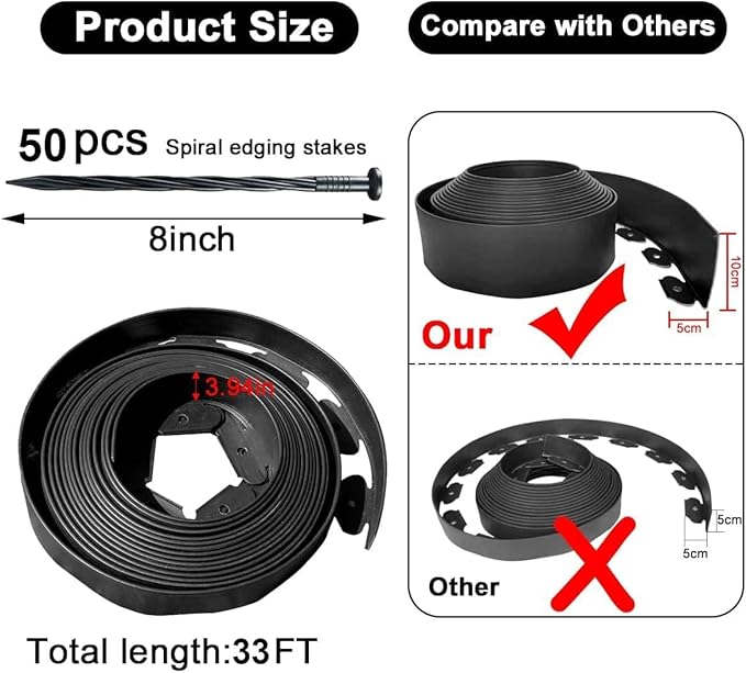 Landscape Edging 33FT,Garden Edging Borders [Extra Tall 4IN High] Flexible Lawn Edging Kit with Total 50pcs Stakes,Plastic Fence Edge DIY for Yard,Tree,Flowerbeds,Landscaping,Grass -Black