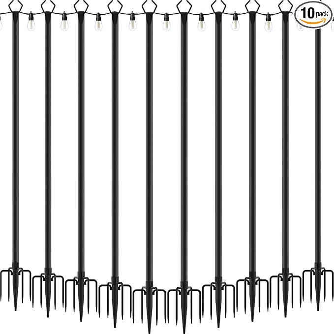 10 Pack 10 ft Heavy Duty Metal String Light Poles Adjustable Outdoor Lighting Stand for Patio,Backyard,Garden,Party & Wedding Rustproof & Sturdy with Hooks