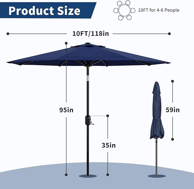Garvee 10 ft Patio Umbrella - 8 Sturdy Ribs Outdoor Table Umbrella with Crank Lift & Push Button Tilt - Market Umbrella for Pool, Deck, Yard, Garden - Navy Blue