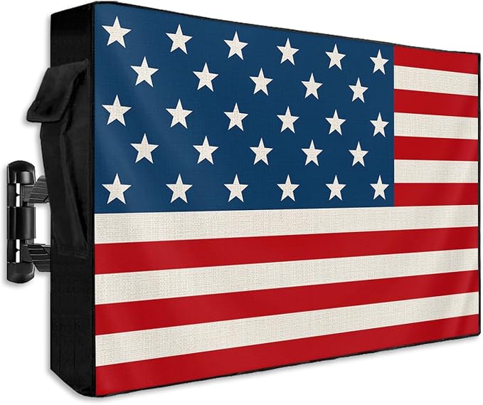 American Flag Outdoor TV Cover 52 to 55 Inch Weatherproof, Patriotic Red Stripes 600D Oxford TV Covers with Waterproof Zipper, USA Flag Outside Flat TV Screen Protector Size 52"W x 19"H x 4.5"D