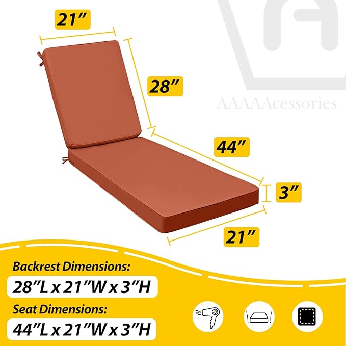 AAAAAcessories Outdoor Chaise Lounge Cushions, Fade-Resistant, Waterproof Patio Furniture Replacement Cushions, 72" x 21" x 3", Rust