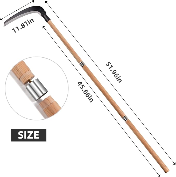 Solid Wood Long Handle Weeding Sickle, 30cm Extended Blade for Efficient Weed & Brush Clearing, 3-Section Adjustable Length, Heavy Duty Gardening Tool for Yard, Garden, Field and Ditch