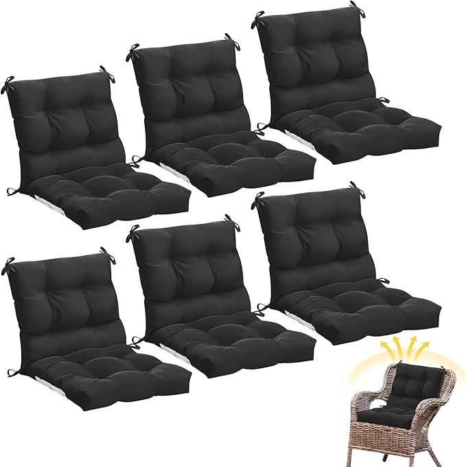 Marsui 6 Pcs Outdoor Indoor High Back Chair Cushions Patio Furniture Tufted Pillow with Ties Water-Resistant Replacement Outdoor Rocking Chair Cushions, 42 x 21 Inches (Black,Solid Color)