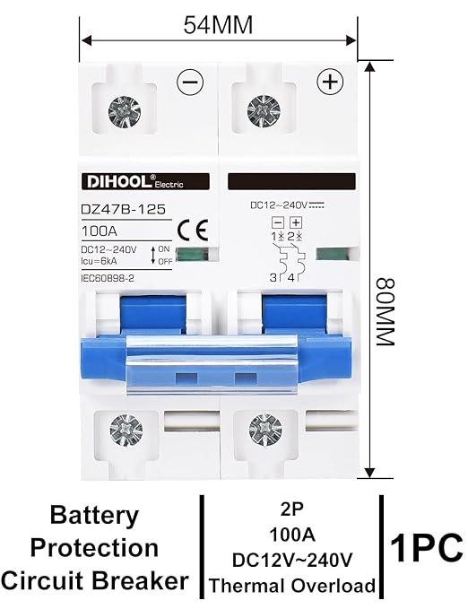 DIHOOL DC Circuit Breaker,100A 2 Pole,12V to 240 Volt Solar Disconnect Switch,DIN Rail Mount
