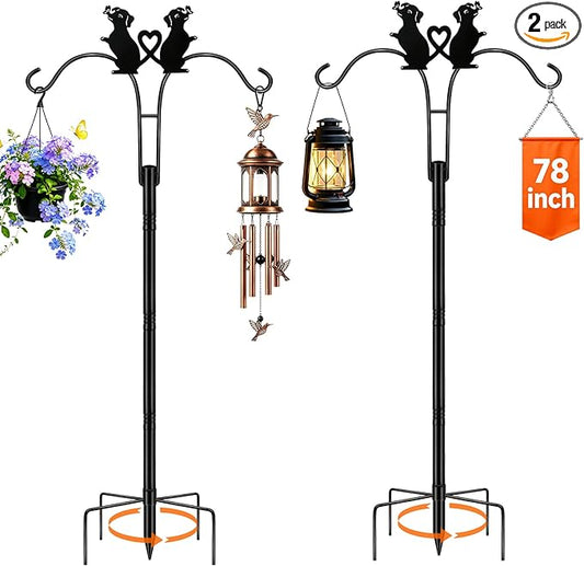 Double Shepherds Hooks for Outdoor, 2 Pack 78 Inch Bird Feeder Pole with 5 Prongs Base, Adjustable Heavy Duty Plant Hangers Dog Art for Outdoor Plants Hummingbird Feeder Hanging Basket Lantern