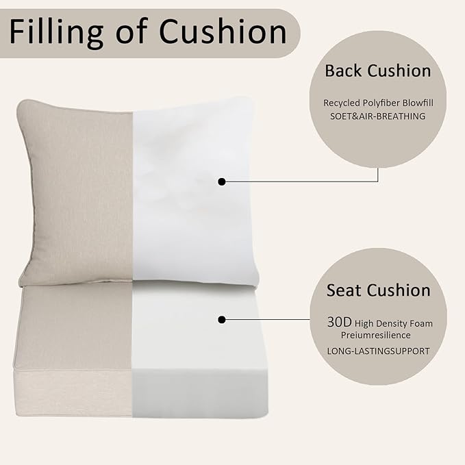 COZYVIDA Outdoor Deep Seat Cushion Set of 2, 22"x24" Seat & 23"x19" Back, C0 Water-Resistant Breathable Fabric, UV-Resistant 1000+ Hrs, 30D Foam with Recycled Fiber Fill,Putty