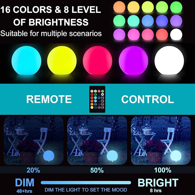10 inch Solar Globe Light Outdoor Waterproof, Dimmable 16 Colors RGB Solar Balls for Garden w/Remote, Glowing Orb Light for Outside w/Ground Stake, Globe Floor Mood Lamp for Home Patio Yard Lawn Party
