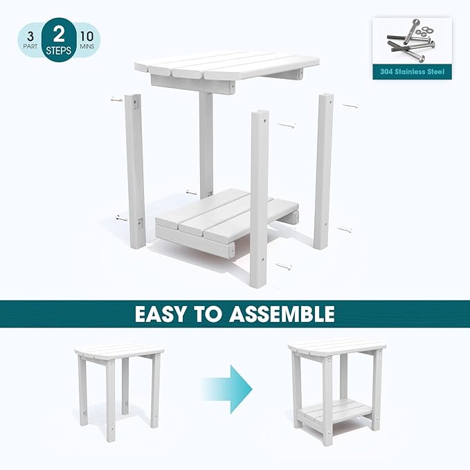 THOEOE Adirondack Outdoor Side Table, 2-Tier Sturdy Patio End Table Weather Resistant, Morden Side Table for Patio, Pool, Porch, White