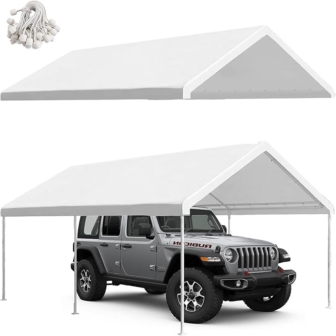 Carport Canopy Replacement Cover, 180G Heavy-Duty PE Fabric Garage Canopy Replacement Cover, 10×20FT Carport Tent, White (Frame not Included)