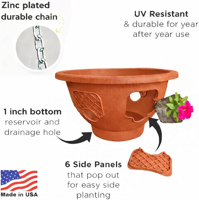 Ultimate Hanging Baskets - Strawberry, Tomato, Flower, and Herb Outdoor Planters - Use Garden Pots for Growing Plants Outside On A Deck, Fence, or Balcony (2, Terracotta)