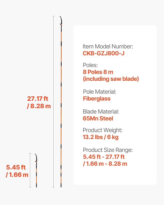 VEVOR Manual Pole Saw, 4.46-26.4 ft Extendable Tree Pruner, Sharp 65Mn Steel Blade, Lightweight Fiberglass Handle Pole, Two Double-Hook Saws for High Branch Trimming, Pruning Tool for Palms, Shrubs