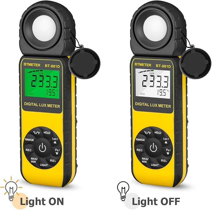 BTMETER BT-881D Digital Illuminance Light Meter, Measure Lights 0.01~400,000 Lux (0.01~40,000 FC) Foot Candles Luxmeter with 270º Rotated Sensor for Plants LED Lights Indoor Outdoor Light Tester
