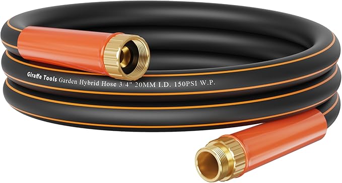 Giraffe Tools Garden Hose 50ft x 3/4",Heavy Duty Rubber Hose,No Kink,Flexible,Hybrid Hose with Male/Female for Cleaning & Washing，1464PSI，Black