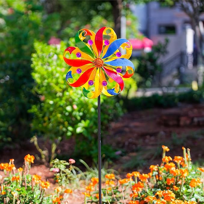 DREAMYSOUL Wind Spinners Outdoor, 13" Dia Colorful Petals Metal Garden Wind Spinner, Kinetic Wind Sculptures & Spinners for Yard Lawn Patio Decor