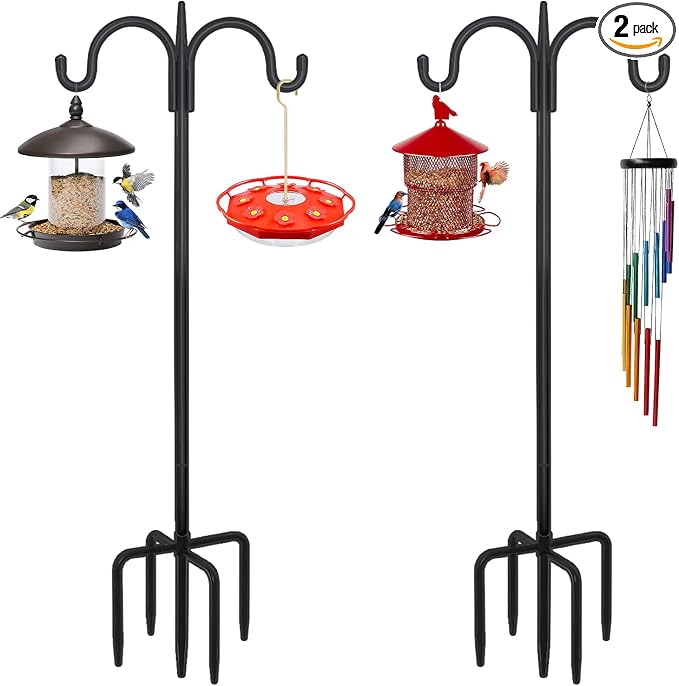 FEED GARDEN Adjustable Double Shepherds Hook for Outdoor with 5 Prong Base 92 Inch Heavy Duty Two Sided Bird Feeder Pole for Hanging Plant Baskets, Solar Light Lanterns, Wind Chimes 2 Pack