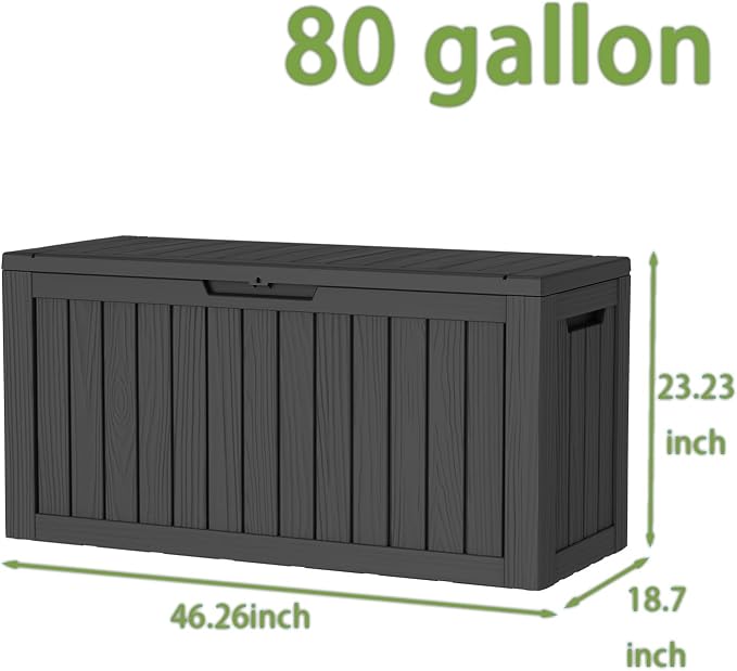 80 Gallon Deck Box, Waterproof Resin Outdoor Storage Box Lockable for Patio Furniture, Fade Resistant Patio Side Table & Organizer for Garden Tools, Pool Floats, Outdoor Cushions, Black