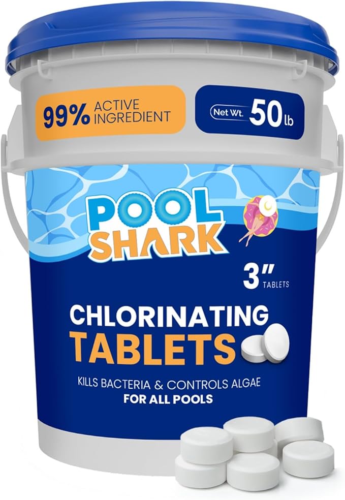 Pool Shark Swimming Pool Chlorine Tablets | 3-Inch Chlorine Tablets | 50 lbs| Slow-Dissolving 90% Active Chlorine Tabs | Pool Chemicals for Inground Pools, Above Ground Pools, Saltwater, Spa, Hot Tub