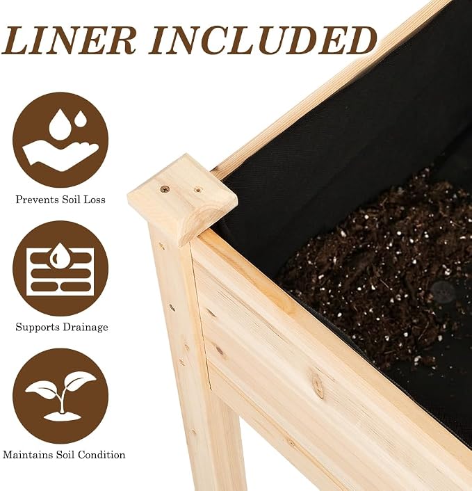 Raised Garden Bed with Lockable Wheels, 32x16x32 inch Elevated Wood Planter with Protective Liner for Vegetable Flower Herb Outdoor Balcony Patio Backyard, Natural