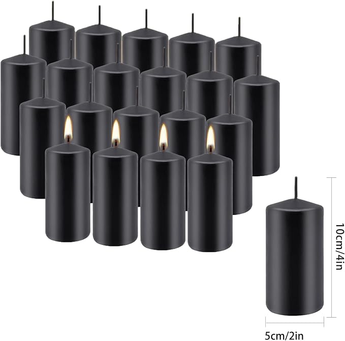 Set of 20 Black Pillar Candles,Dripless and Smokeless Dinner Candle, 2x4” Pillar Candles for for Halloween, Christmas, Home Decor, Rituals, and Themed Party Decor