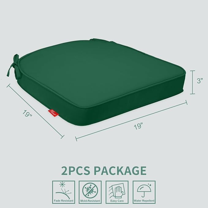 Outdoor Chair Cushions Set of 2, 19x19 Inch U-Shape Patio Seat Cushions with Ties, Water & Fade Resistant High Density Foam Cushions for Garden Patio Chairs, Green