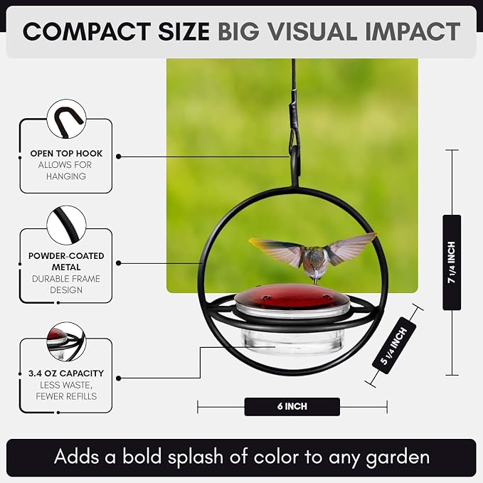 Hummingbird Feeder for Outdoors Hanging, 3.4 OZ Hummingbird Feeders, Glass Bowl with 4 Feeding Ports, Leak Proof Lid & Circular Perch, Bird Feeder (1, Black)