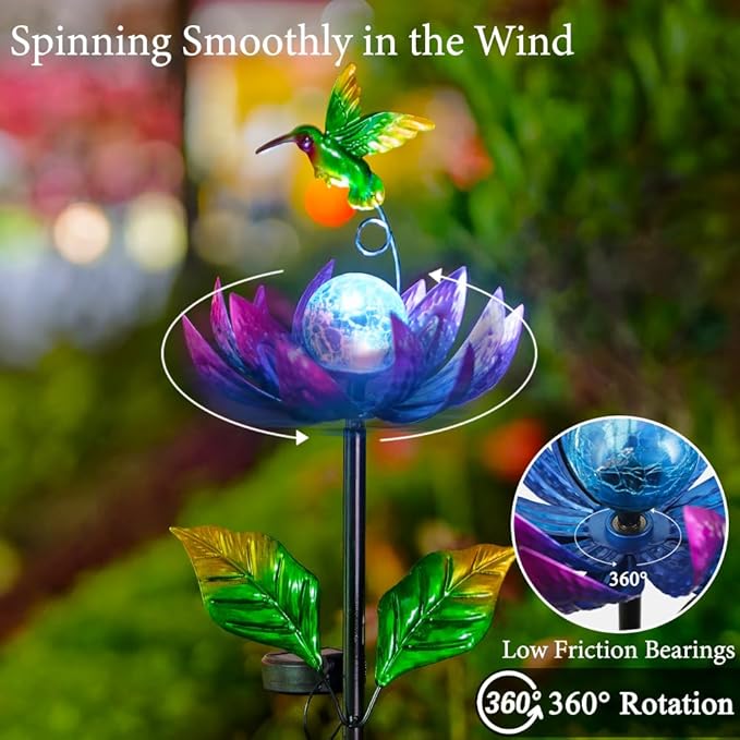 Solar Wind Spinners Outdoor, Solar Wind Spinner with Cracked Ball Lights,Garden Spinners for Yard, Garden, Patio, Lawn Decor (Purple)