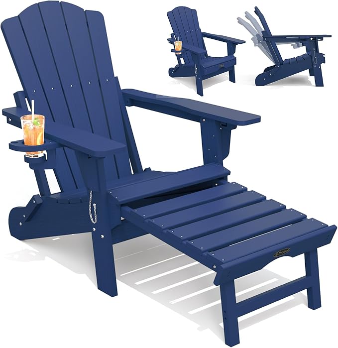 THOEOE Folding Adjustable Adirondack Chairs with Ottoman & 1 Cup Holders, HDEP Multifunctional Adirondack Chair with Footrest,Navy Blue