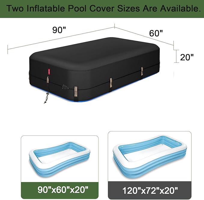 QH.HOME 90"x60" Rectangular Pool Cover for Inflatable Pool,Black Oxford Fabric Heats Water, Blocks Leaves & Sun, Windproof Snug Fit with Patented Ratchet & Weight Rings
