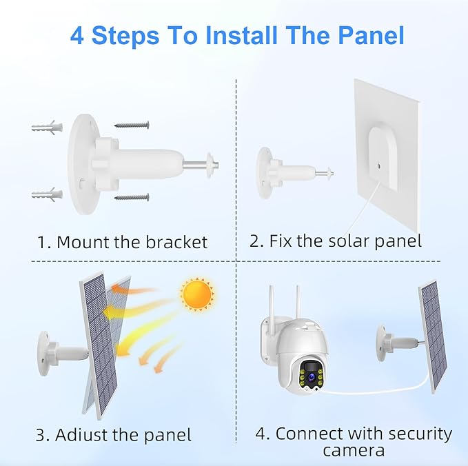 Security Camera 5V 5W Solar Panel - Adjustable Wall Mount, 9.8ft Cable, IP65 Waterproof - Suitable for USB-C & Micro USB