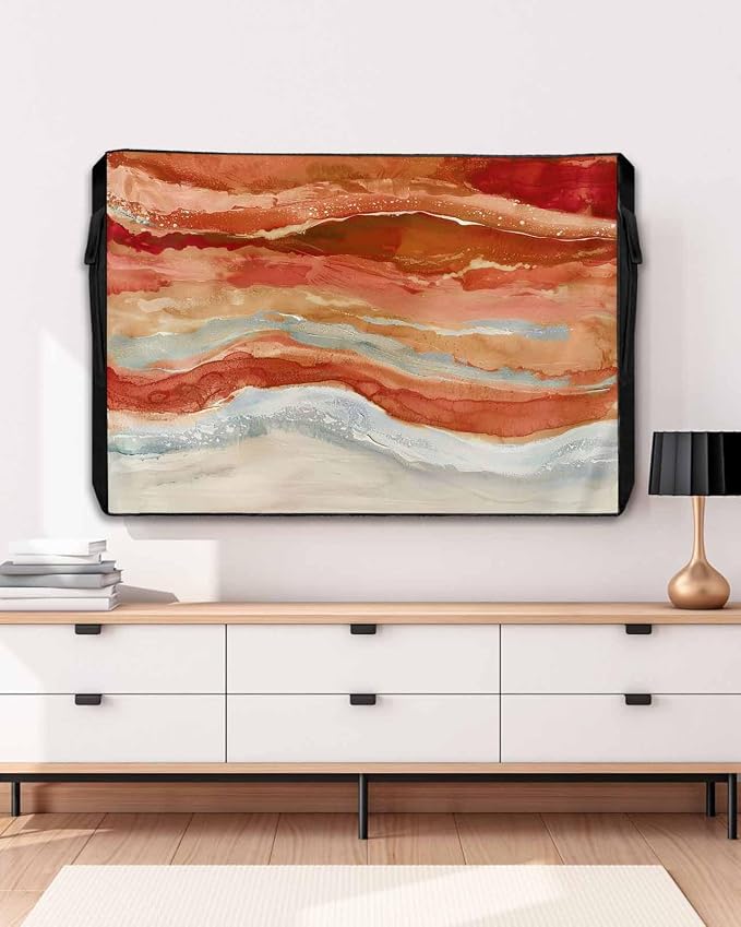 Outdoor TV Cover 52-55 Inch Weatherproof, Burnt Orange Coastal Outdoor TV Enclosure with Zipper & Roll Up Front Flap, Summer Beach Nautical Abstract Art Waterproof TV Covers for Outside TV