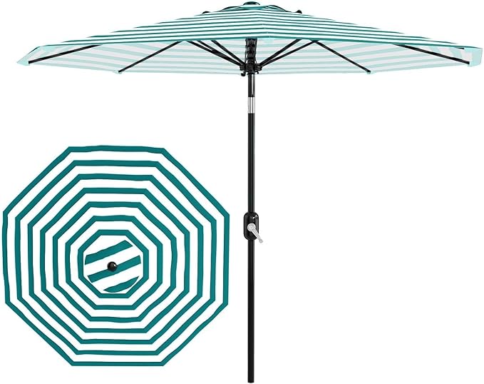 Garvee 10FT Outdoor Patio Umbrella 8 Sturdy Ribs Outdoor Table Umbrella with Crank Lift & Push Button Tilt UV Protection Waterproof Market Umbrellas for Pool Deck Yard, Turquoise & White Stripes