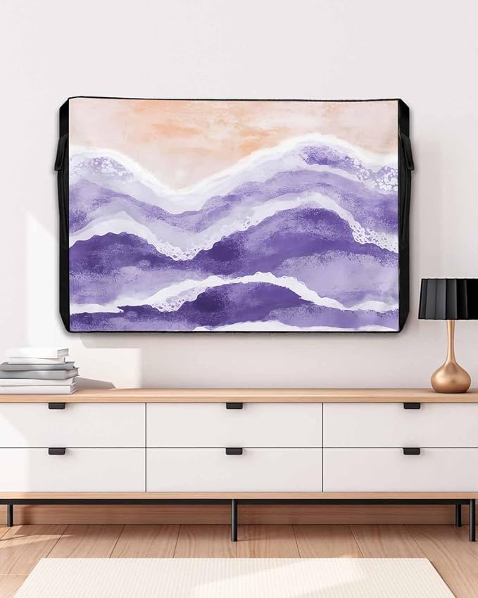Outdoor TV Cover for Outside Flat Screen,Boho Purple Ombre Sea Wave 600D Thick Waterproof Weatherproof Outdoor TV Screen Protector with Zipper for 48 to 50 Inch Flat Screens Ocean Beach Coastal Scene
