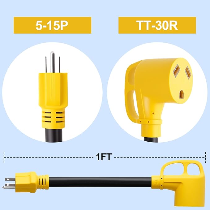 15 Amp to 30 Adapter RV Adapter Cord 1FT, NEMA 5-15P Male to NEMA TT-30R Female, Camper Plug Adapter, Heavy Duty STW 10 Gauge RV Adapter for RV, Camping, Industrial, ETL Listed