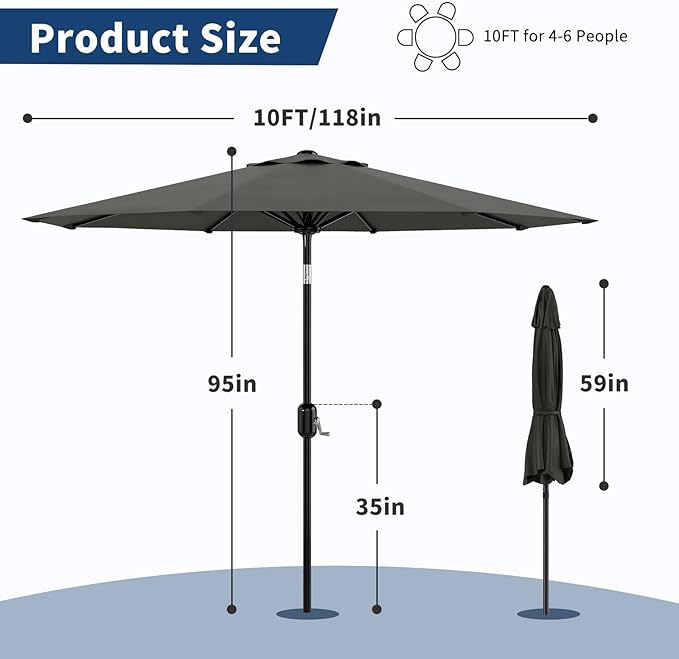 Garvee 10 ft Patio Umbrella - 8 Sturdy Ribs Outdoor Table Umbrella with Crank Lift & Push Button Tilt - Market Umbrella for Pool, Deck, Yard, Garden -Gray