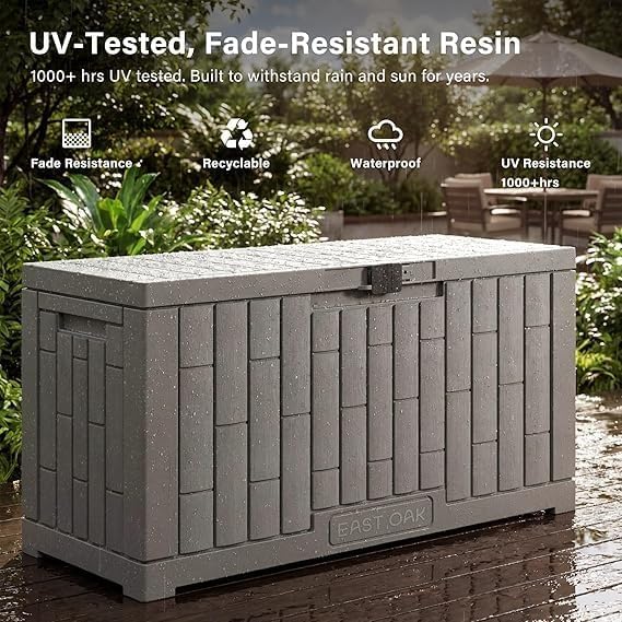 EAST OAK 2-Piece Outdoor Storage Box Set, 31 Gallon & 60 Gallon Waterproof UV-Resistant Resin Deck Boxes, Lockable Storage for Patio Cushions, Garden Tools, Pool Accessories, Grey