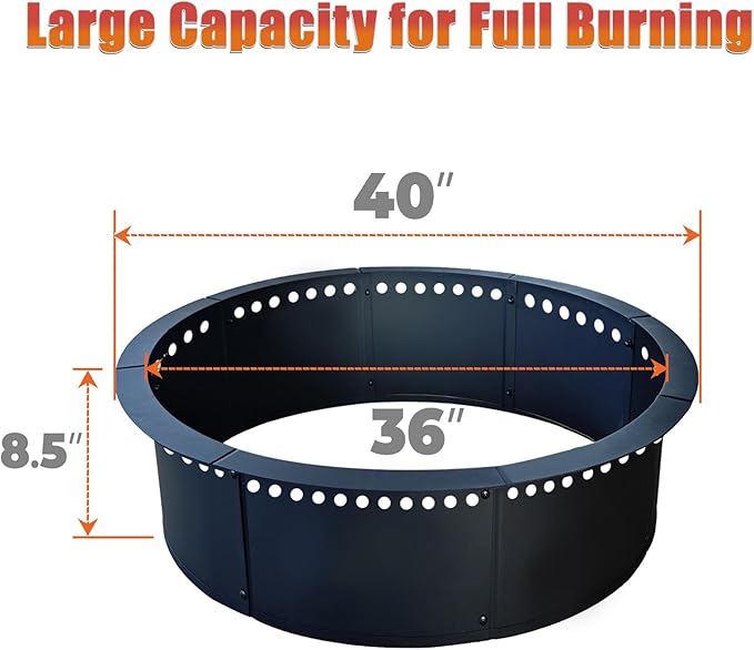 SoulMate Outdoor 40-Inch Outer/36-Inch Inner Fire Pit Ring Smokeless,Duty Solid Metal Steel Round Firepit Rim Insert for DIY Fire Pits, Outdoor Above or In-Ground, Camping Garden Patio Backyard.