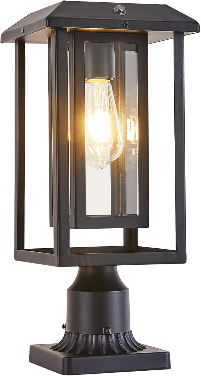 Solar Lamp Post Lights for Outdoor with Pier Mount Base, Waterproof Pole Lights Head with Dusk to Dawn Sensor, Exterior Solar Powered Pillar Lights Fixture for Yard, Garden, Pathway, Black