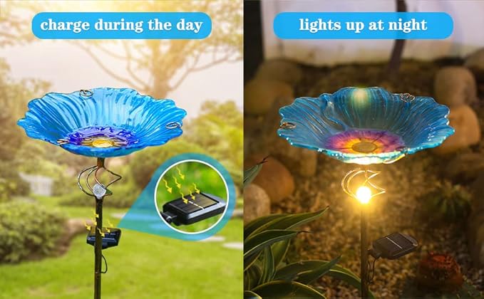 Homight Solar Glass Blue Bird Bath, Yard Art，Garden Outdoor Birdbath with Metal Stake with White LED Light Metal Stake Garden Decor Gifts