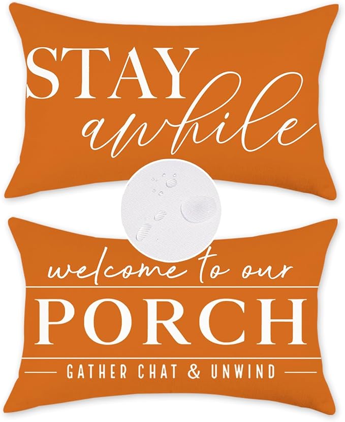 TAJWE Outdoor Pillow Covers Waterproof 12x20 Set of 2 Orange Decorative Fall Thanksgiving Pillowcases Welcome to Our Porch Stay Awhile Cushion Cases for Patio Furniture Sofa Couch Decor