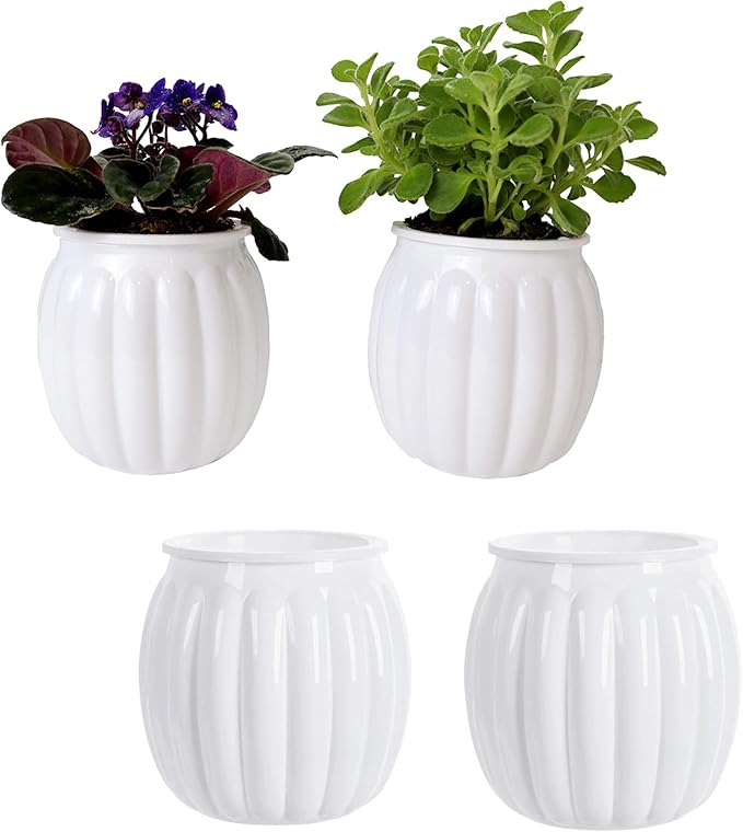 Cornasee 4" Pumpkin Planter Self Watering Pot, 4-Pack Small Plastic Planters for Indoor Plants,Flowers,Succulent,African Violets (White, 4")