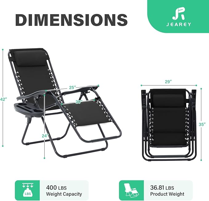 JEAREY Zero Gravity Lounge Chairs Set of 2, Adjustable Steel Mesh Recliners w/Pillows and Cup Holder Trays for Patio, Garden, Beach, Black