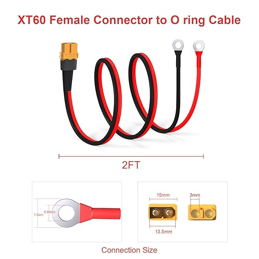 ELFCULB XT60 to O Ring Terminal Cable, 12AWG XT60 Female to O Ring Connector Cable with Tinned Pure Wire for RC Battery Solar Portable Power Power Station and Solar Panel(2FT)