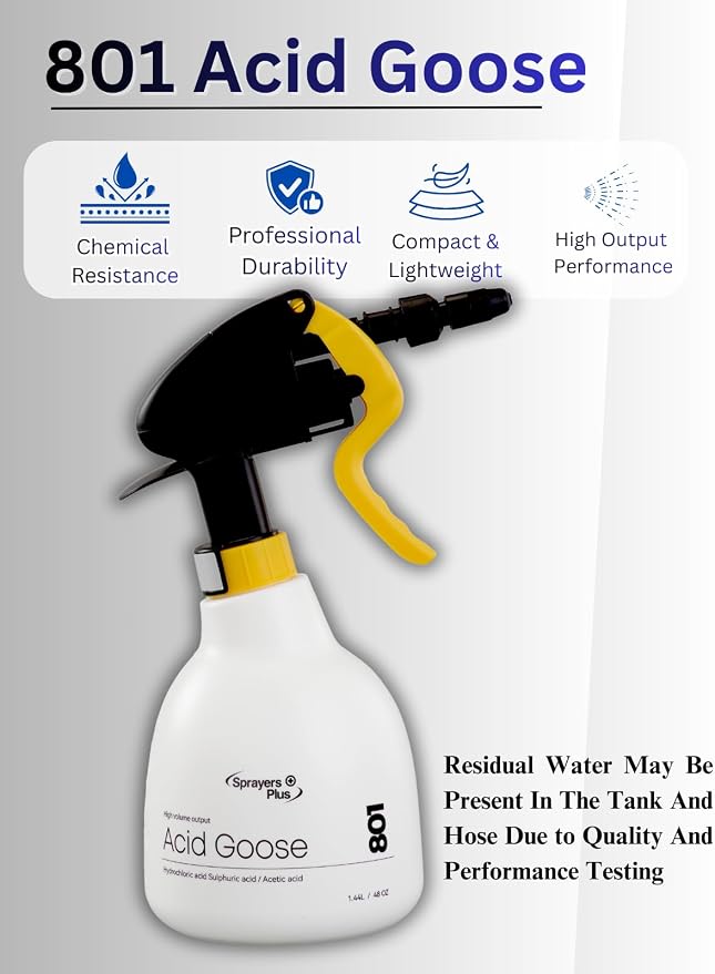 Sprayers Plus 801 Acid Trigger Sprayer, Heavy Duty Chemical Resistant Bottle for Muriatic Acid, Rust Removal & Aluminum Brightening, Professional Acid Sprayer 316 Stainless Steel Spring,1.44Litres