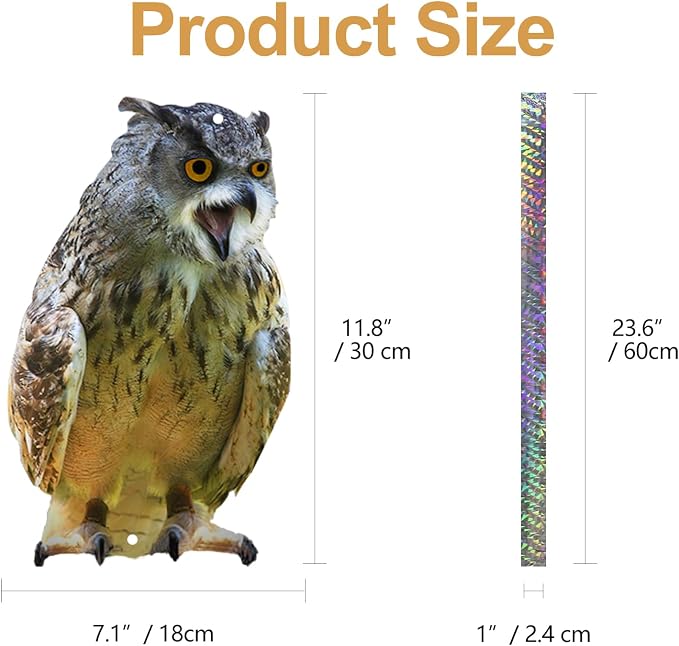 Owl to Keep Pigeons Away, 2Pcs Flat Plastic Owl to Scare Woodpecker from House, Fake Owls to Scare Pigeon Squirrels, Hanging Garden Owls with Reflective Tape for Porch Patio Window Yard Balcony Roof
