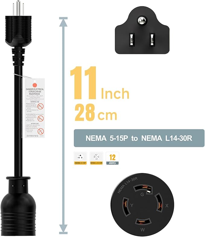 Nema 5-15P to L14-30R Power Adapter Cord, Household 15Amp to Generator Lock in 30Amp Adapter Cord, STW 12AWG Length= 1Foot